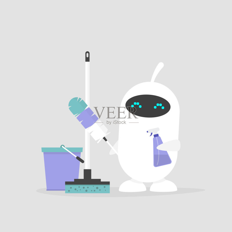 新技术。打扫公寓,概念插图。可爱的白色机器人拿着清洁工具:一个鸡毛掸子和清洁喷雾/平面可编辑矢量插图,剪辑艺术正版插画素材
