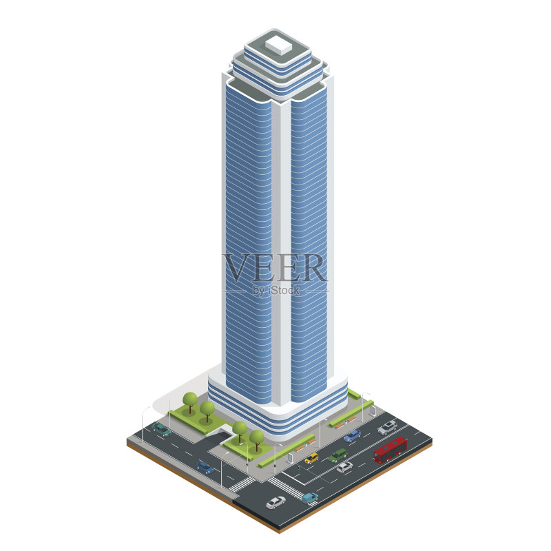 等距城市房屋组成与建筑和道路孤立矢量插图。集合了建筑、住宅、道路、十字路口、交通灯和汽车等城市元素正版插画素材