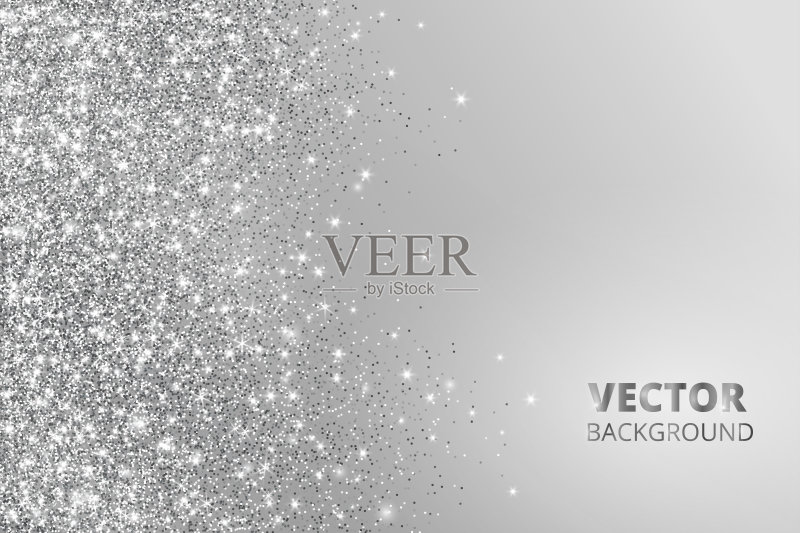 闪闪发光的纸屑,雪花从身边飘落。矢量银色尘埃,爆炸在灰色背景。闪闪发光的边境,框架正版插画素材