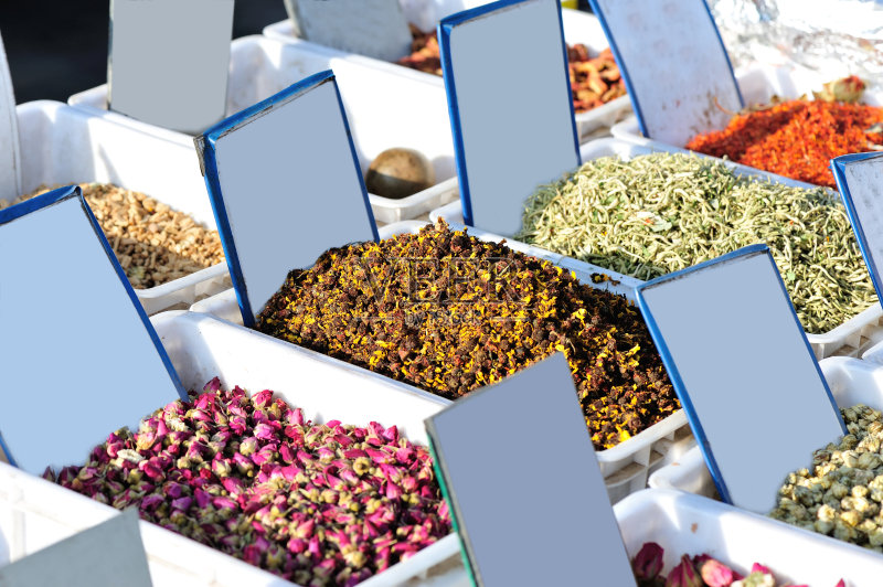 农贸市场上出售的各种中草药正版图片素材