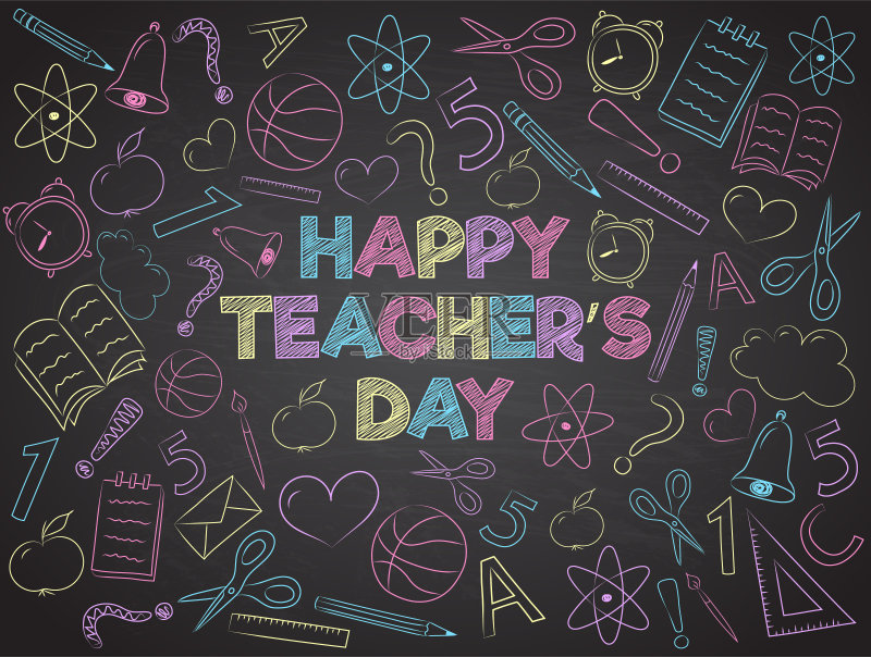教师节快乐——在黑板上画着有趣涂鸦的横幅。向量。正版插画素材