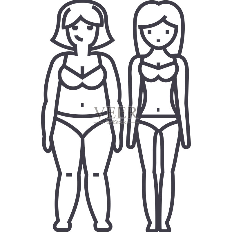 胖和苗条的女人,节食前和后,健身矢量线图标,标志,插图的背景,可编辑的笔触正版插画素材