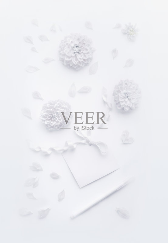 白色的组成与花,空白纸卡与丝带和铅笔,平躺,俯视图。正版图片素材