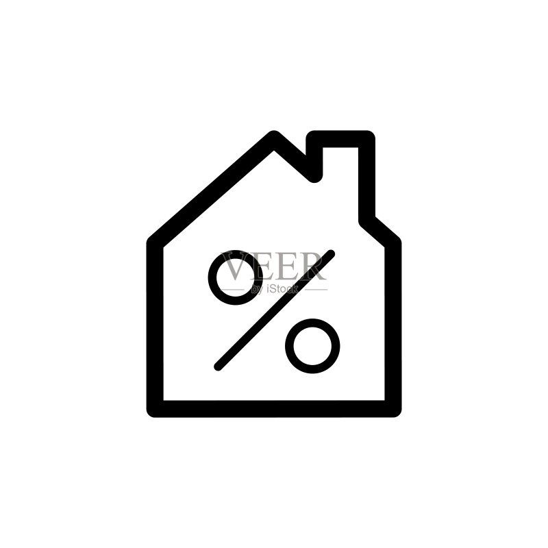 房屋信贷简易矢量图标。房屋和百分比符号的黑白图例。线性轮廓图标。图标素材