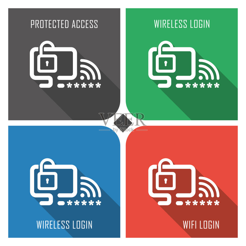 彩色背景上受保护的无线网络扁平矢量图标。简单的PC网络图标EPS8。图标素材