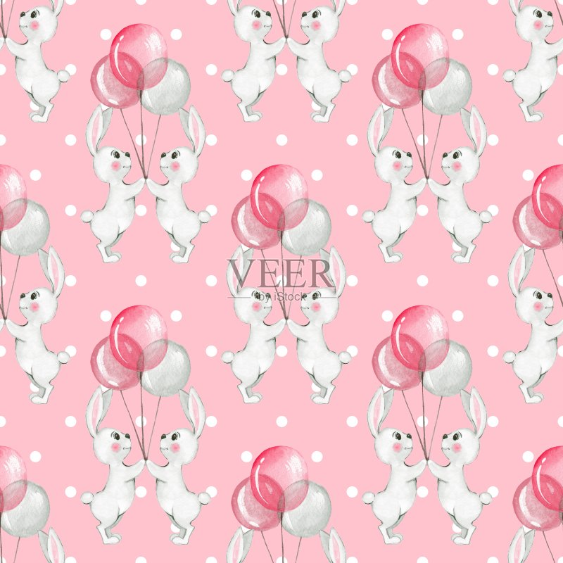 无缝图案与卡通白兔和气球8正版插画素材