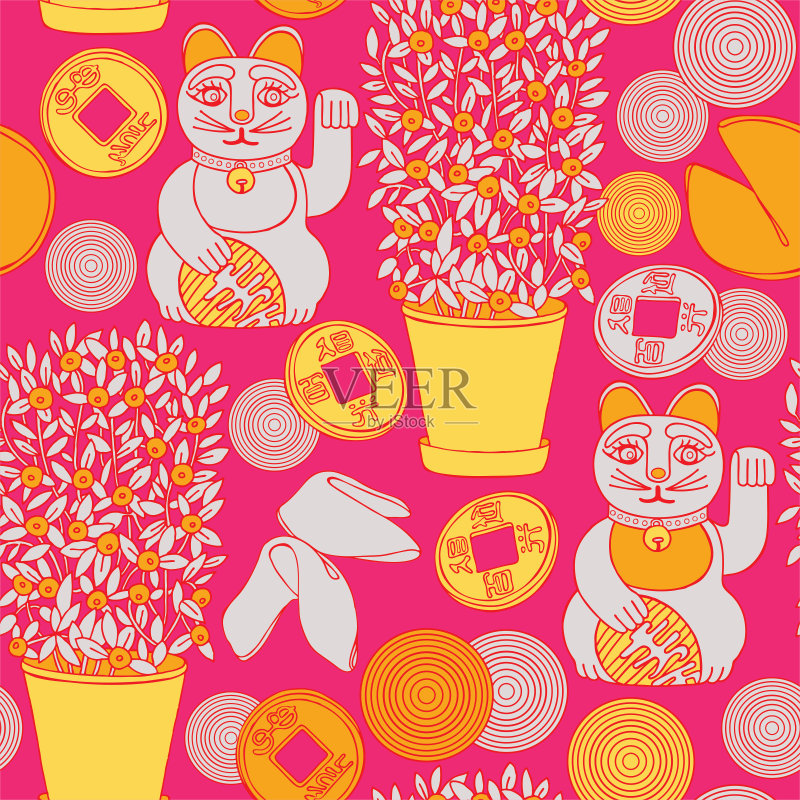 2018年春节,图案设计。明亮的灯笼和硬币。正版插画素材