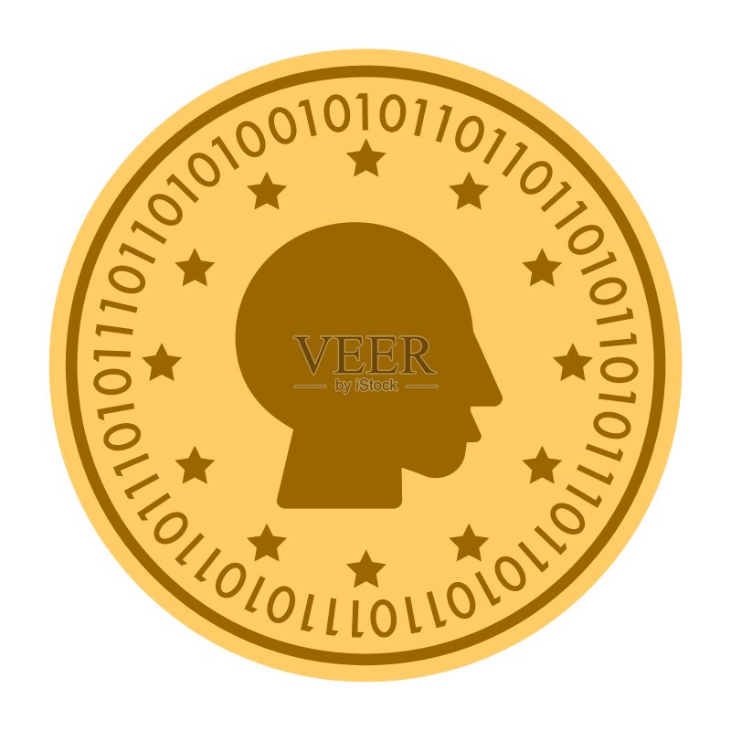 男孩头像金色数字硬币矢量图标。金色黄色扁平硬币加密货币符号,在白色上隔离图标素材