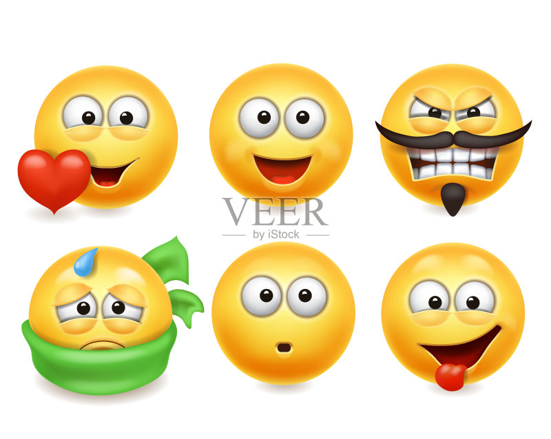 笑脸图标。有趣的3D面孔套装,可爱的黄色面部表情系列3。图标素材