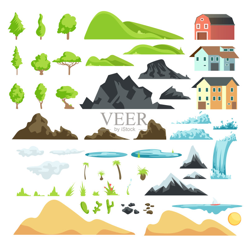 卡通景观向量元素与山,丘陵,热带树木和建筑正版插画素材