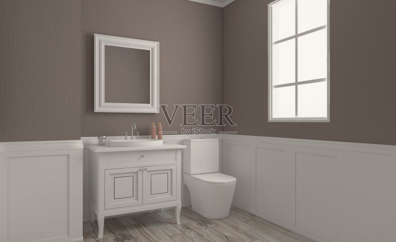 宽敞的浴室,干净、美观、豪华、明亮的房间。3 d渲染。正版图片素材