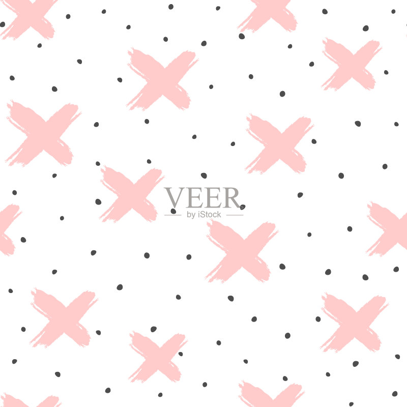 无缝模式与十字架和不规则波尔卡点。垃圾摇滚、素描、涂鸦、水彩、颜料。无尽的时髦的打印。正版插画素材