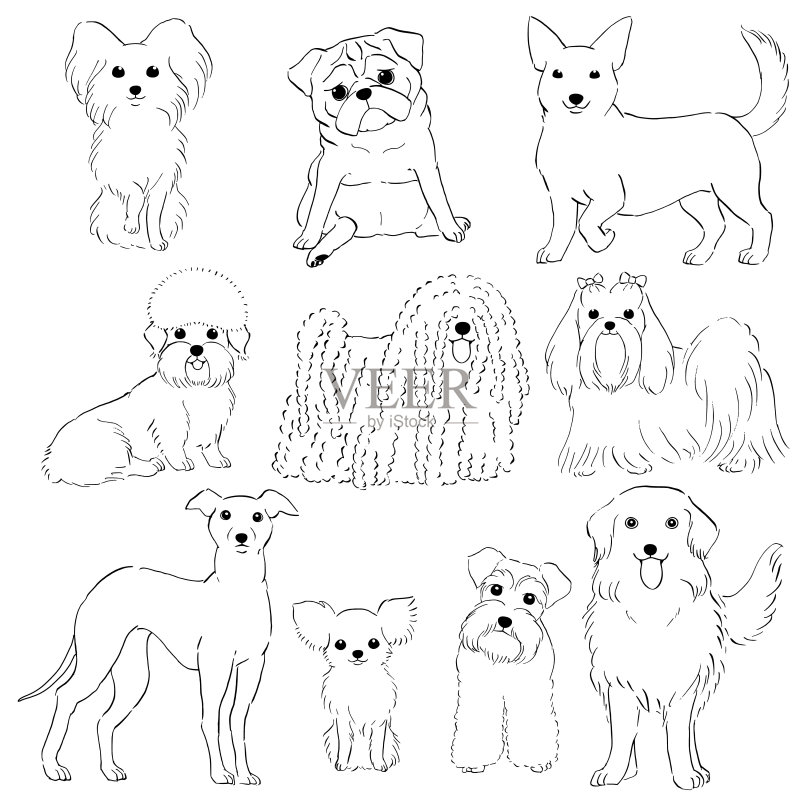 一组手绘小狗线条艺术插画图片素材