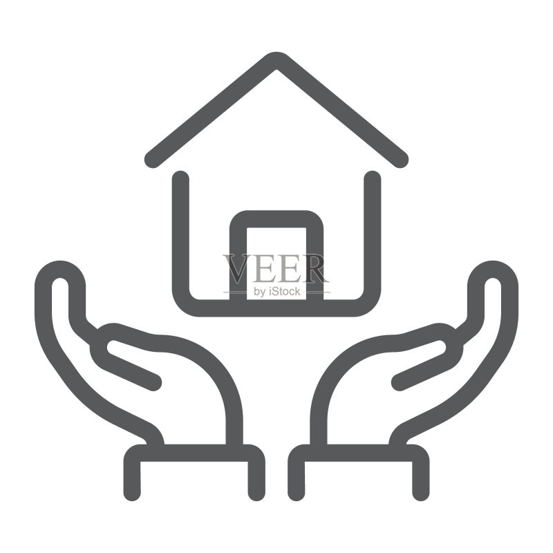 手中的房屋线条图标,房地产和家居,房屋保护标志矢量图形,白色背景上的线性图案,eps 10图标素材