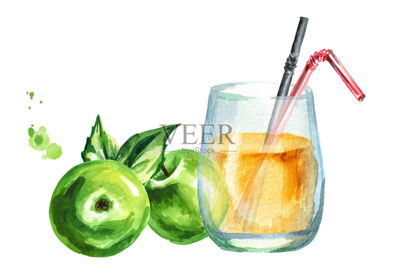 一杯苹果汁,从绿色的水果。水彩手绘插图,孤立在白色背景正版插画素材