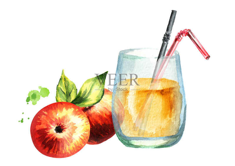 一杯苹果汁。手绘插图正版插画素材