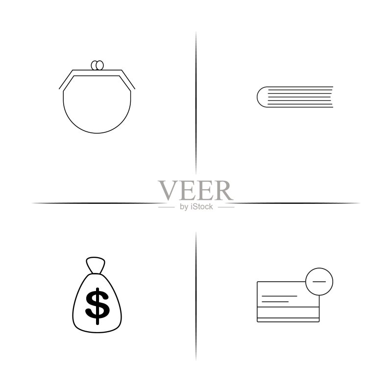银行,金融和金钱简单的线性图标集。概述了矢量图标图标素材