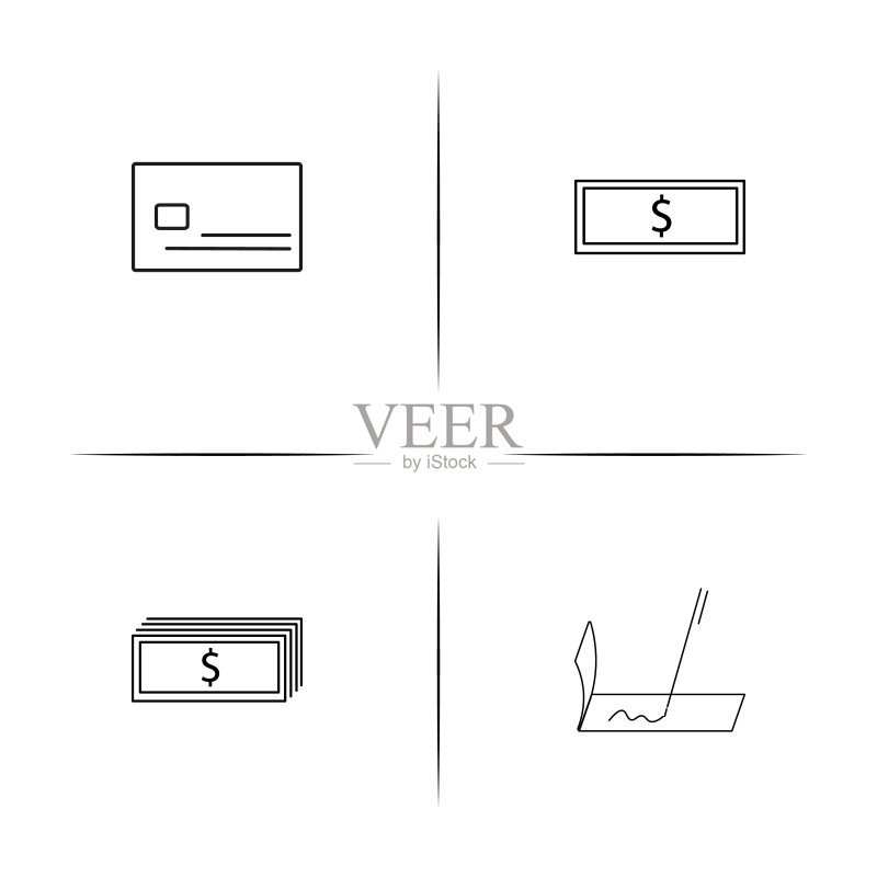 银行,金融和金钱简单的线性图标集。概述了矢量图标图标素材