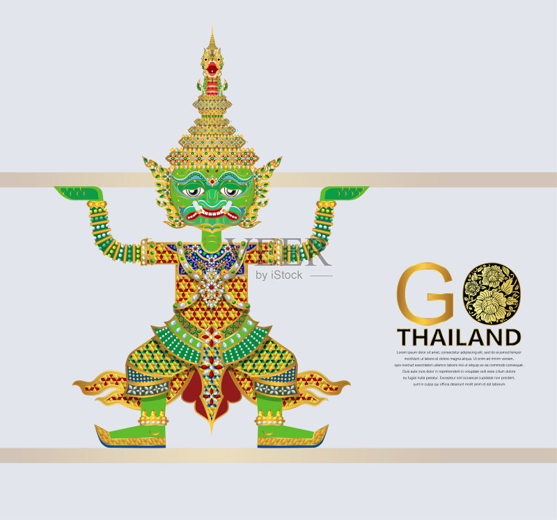 泰国罗摩衍那面具矢量图,金色图案和水晶颜色插画图片素材