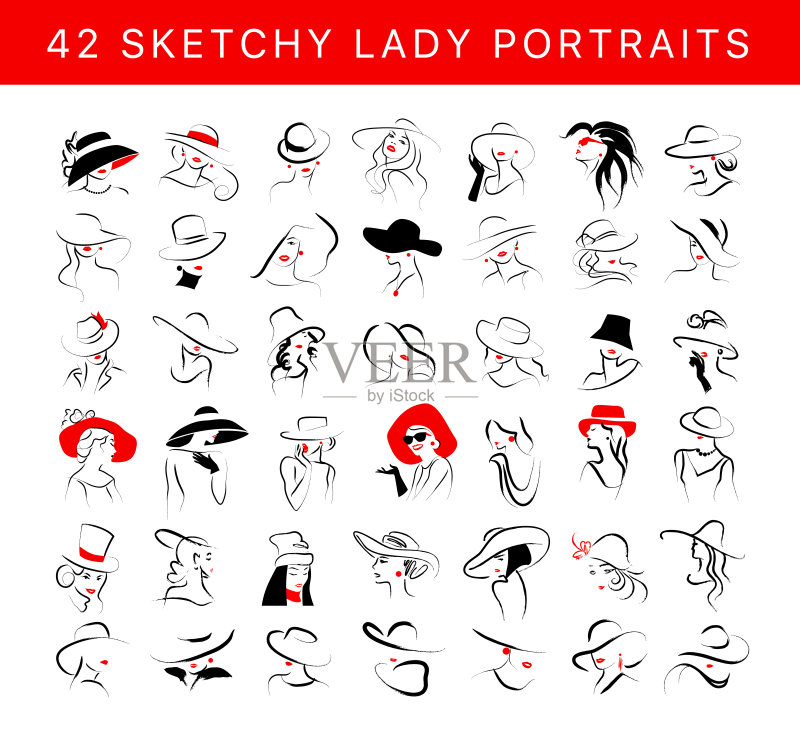 手绘时尚年轻女士肖像矢量艺术正版元素素材