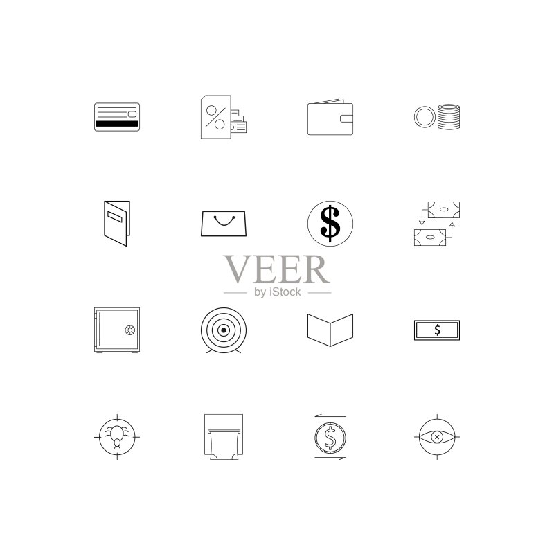 银行,金融和金钱简单的线性图标集。概述了矢量图标图标素材