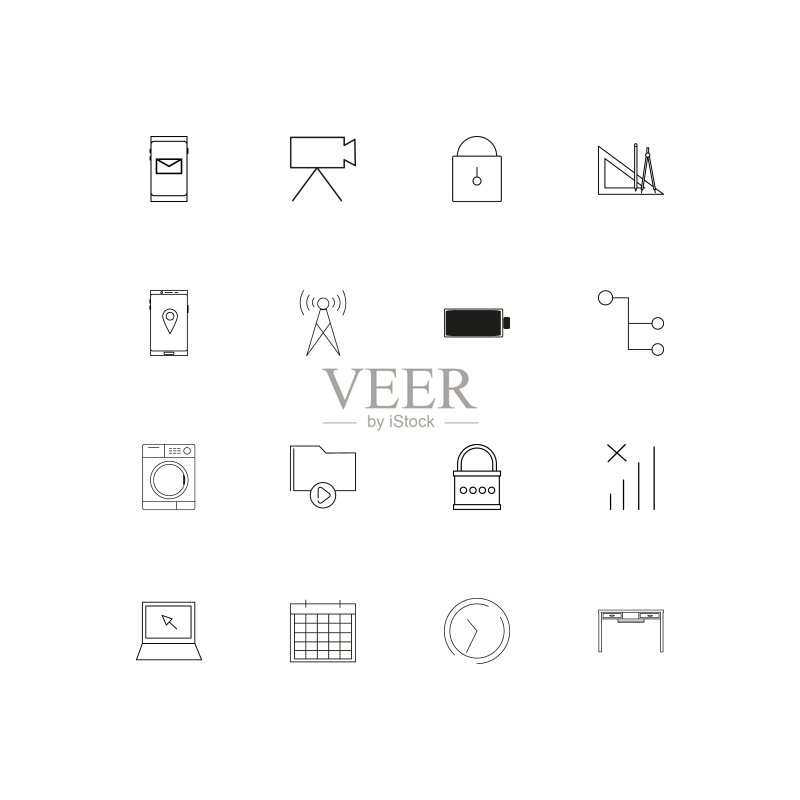 设备简单的线性图标设置。概述了矢量图标图标素材