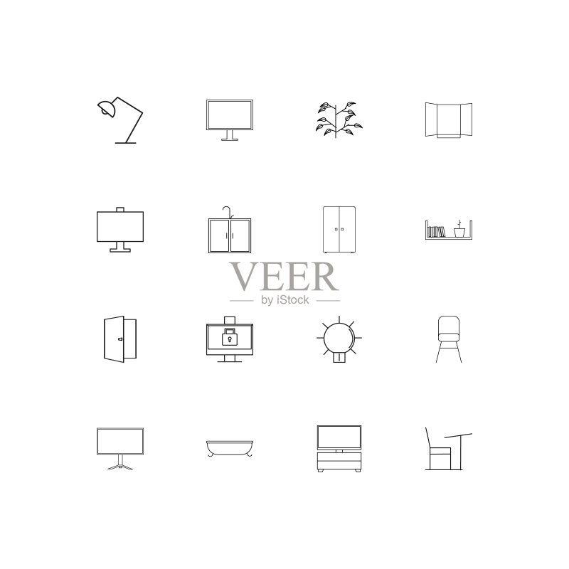 家具简单线性图标集。概述了矢量图标图标素材