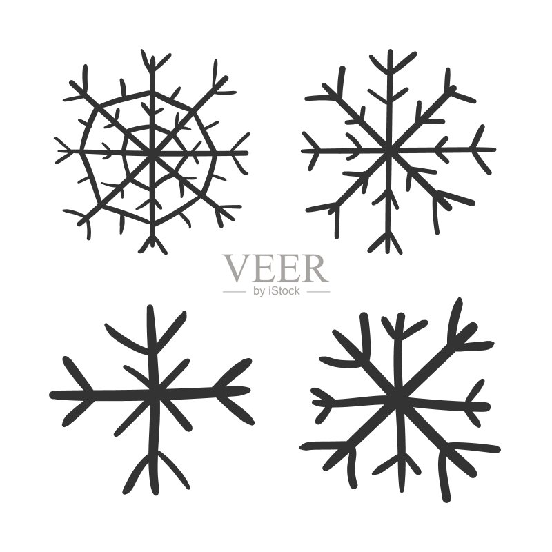 手绘雪花矢量图标,雪花素描涂鸦插画,手绘冬季圣诞节概念图标素材