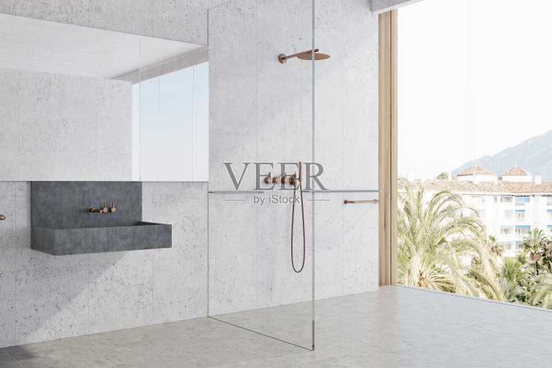 白色浴室,水槽和淋浴角正版图片素材