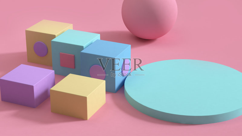 抽象三维几何形状彩色设置在粉色背景上的三维渲染正版图片素材