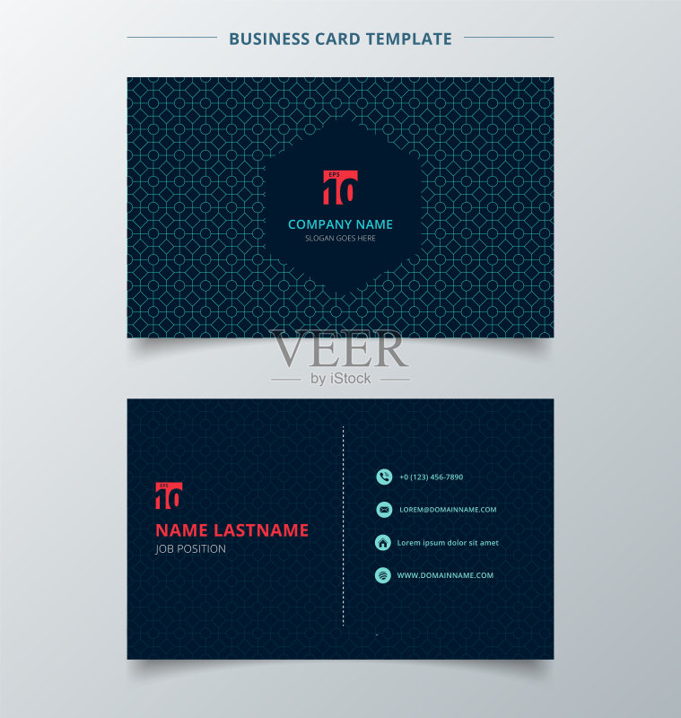 创意名片及名片模板,深蓝色,现代感,带有方形、八角形及圆形图案,抽象概念及商业设计。正版模板素材