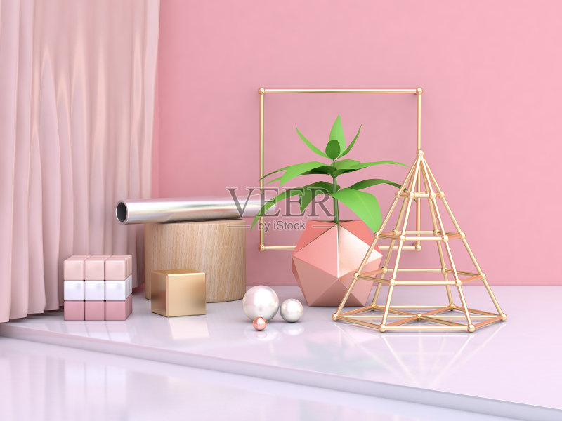 抽象绿叶和许多物体几何形状金属金色粉色最小抽象背景三维渲染正版图片素材