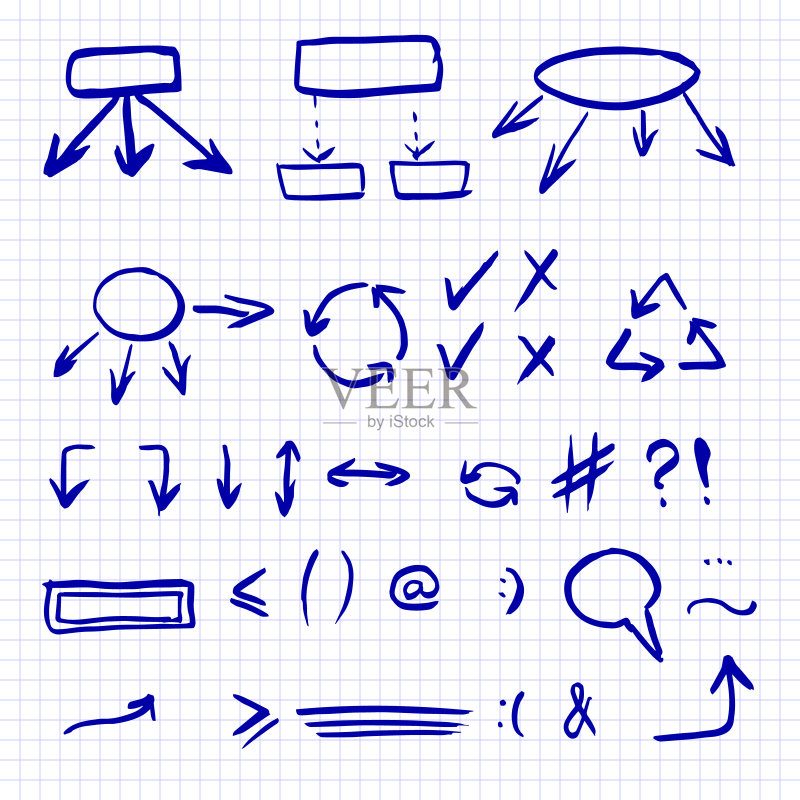 手绘矢量插图集孤立在方格笔记本表。箭头,数学符号,数字,语音气泡,纠正和突出元素。涂鸦草图图标。正版插画素材