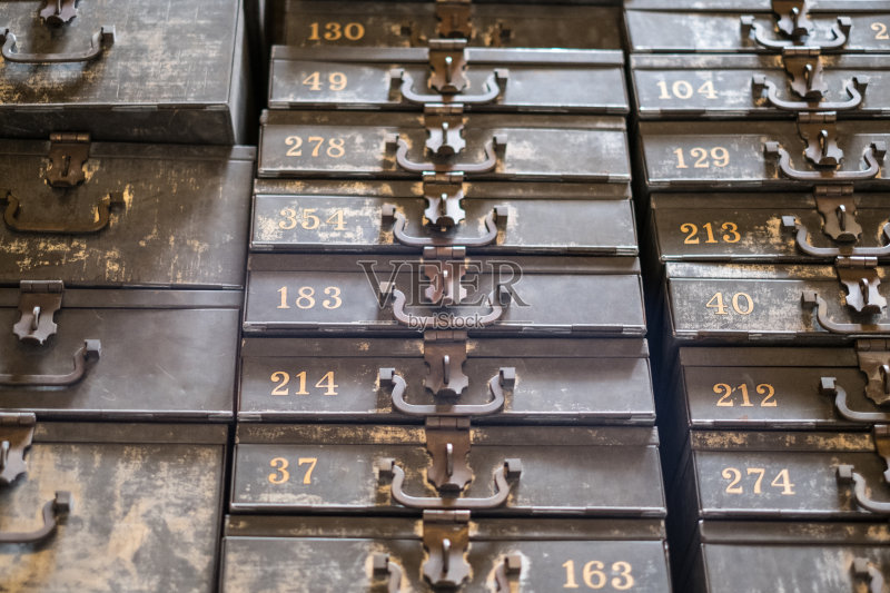 堆叠的金属保险箱/古董上锁的盒子正版图片素材