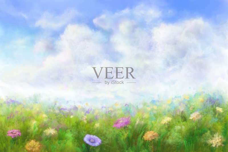 夏日草地,油画正版插画素材
