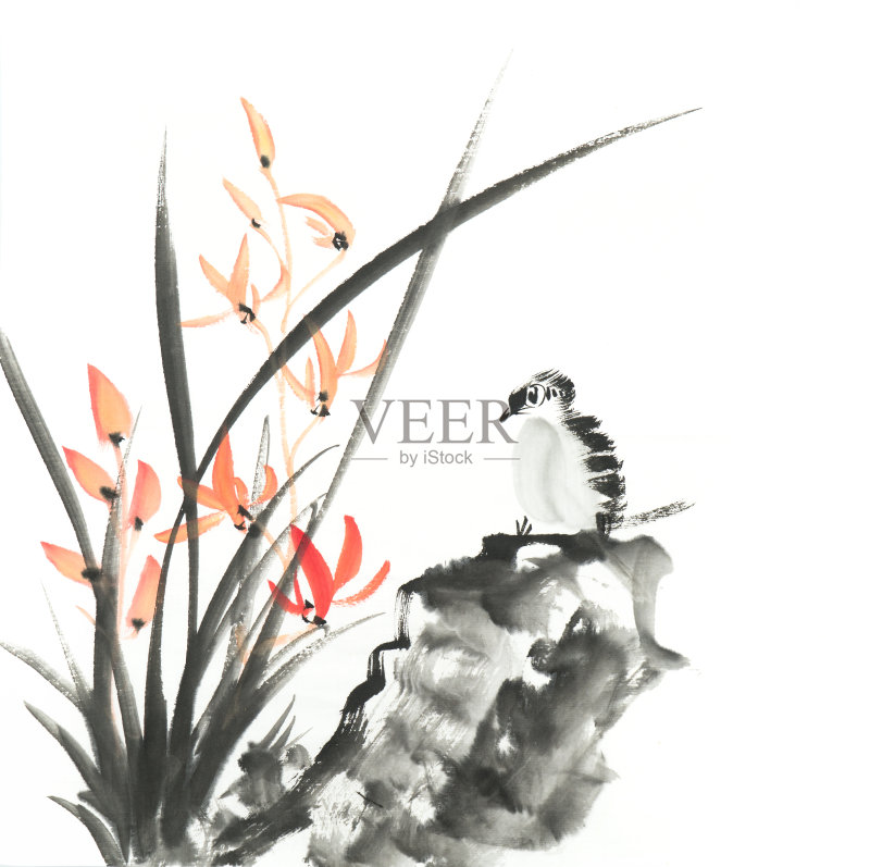 手绘墨野兰花。正版插画素材