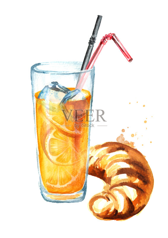 传统法式羊角面包配橙汁,早餐面包。水彩手绘插图,孤立的白色背景正版插画素材