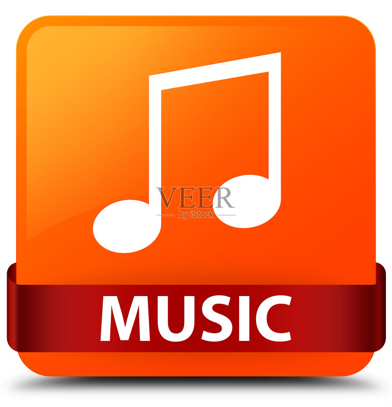 音乐(曲调图标)橙色方形按钮,中间有红色丝带图标素材