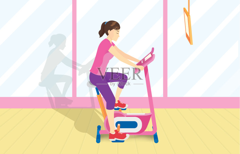 全身女性在健身房做自行车运动。正版插画素材