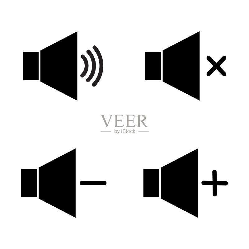 扬声器音量扁平矢量图标,包含开、关、静音及高中低音量符号图标素材