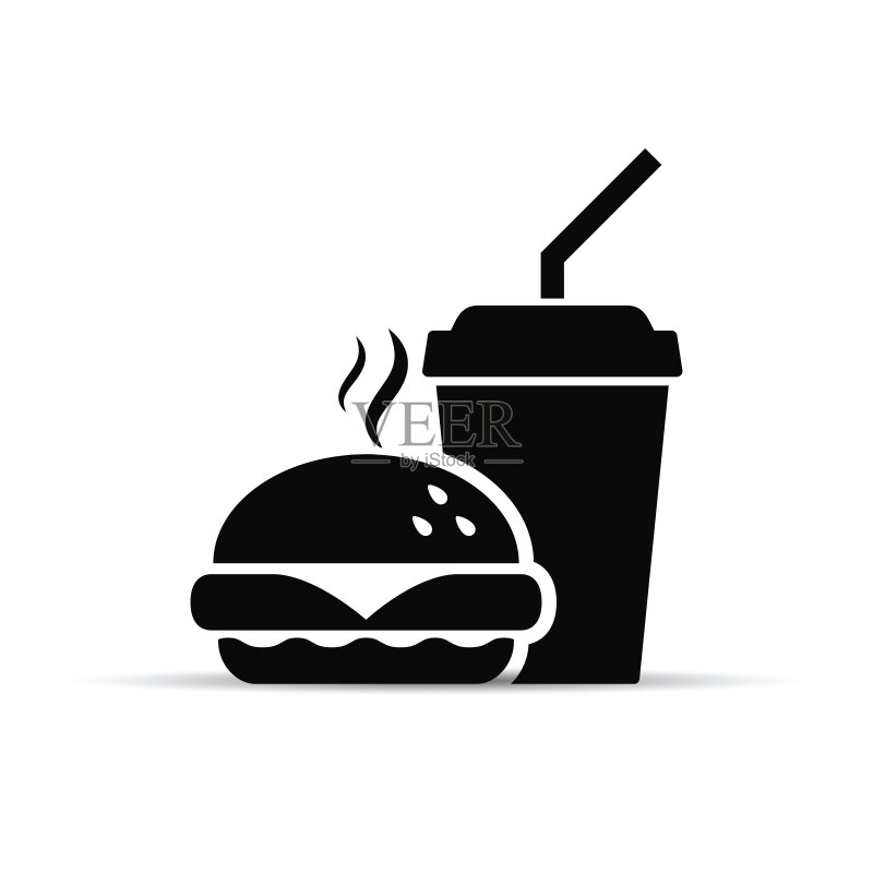 快餐图标:汉堡和饮料,矢量黑色独立标志图标素材