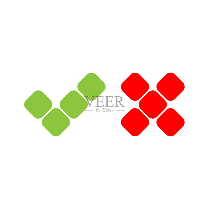 正方形对勾图标,绿色勾号和红色叉号,扁平矢量图,在白色背景上隔离图标素材