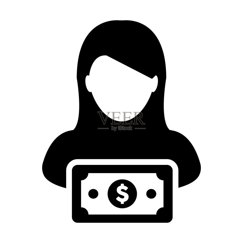 支付图标矢量图:女性用户头像,带美元符号,适用于银行和金融业务的扁平彩色字形图图标素材