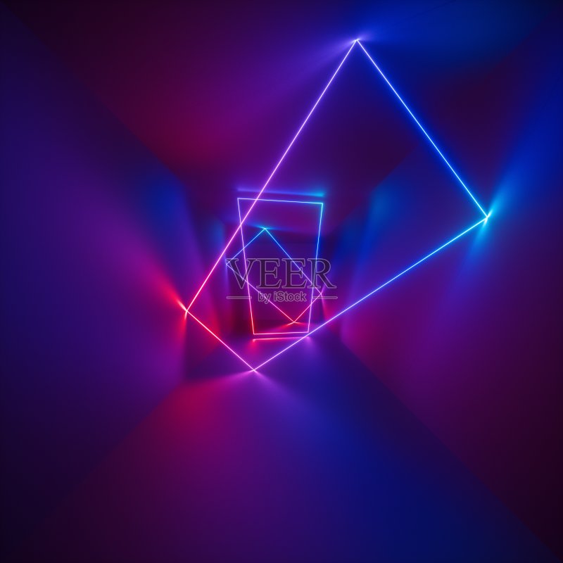 3d渲染,紫外光谱,发光线,霓虹灯,抽象迷幻的方形背景,立方体房间,走廊,隧道透视,充满活力的色彩正版插画素材