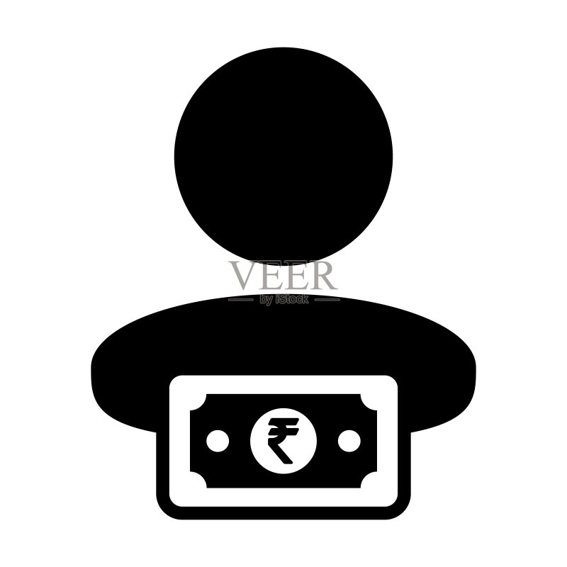 收入图标矢量图:带卢比符号的男性用户头像,适用于银行和金融业务的扁平彩色字形图图标素材