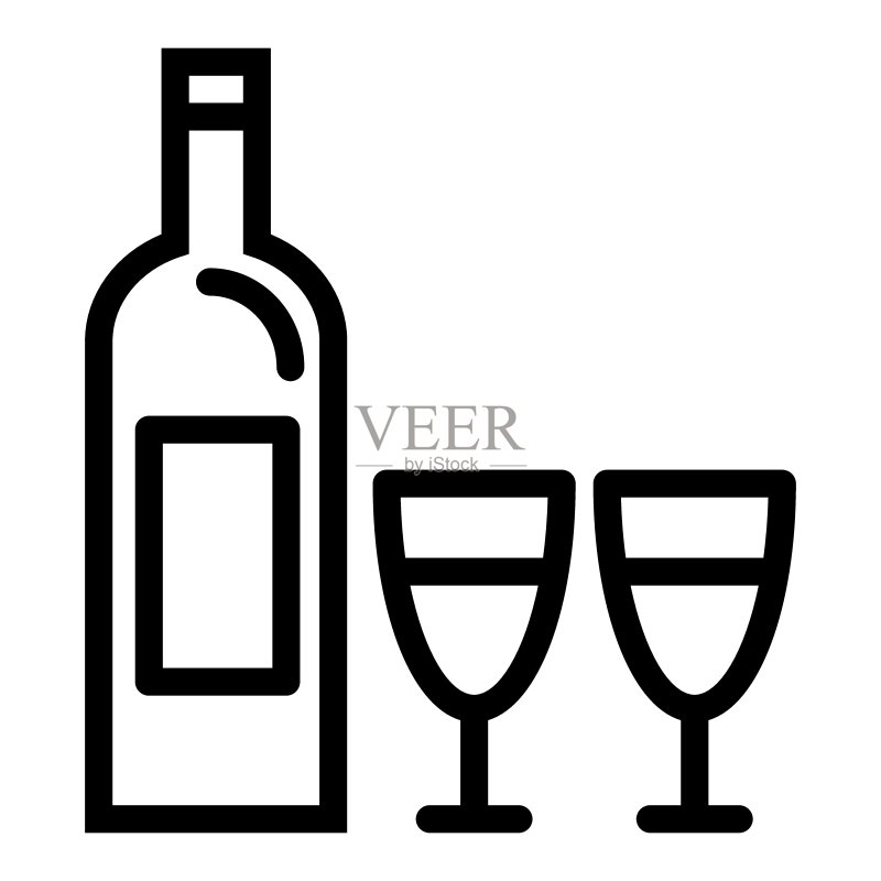 酒瓶和两个酒杯线条图标。矢量插图,与白色隔离。玻璃轮廓风格设计,专为网页和应用程序设计。图标素材