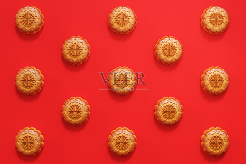 红色背景上的月饼,亚洲传统节日,中秋节。中国的传统节日。3 d渲染。正版图片素材