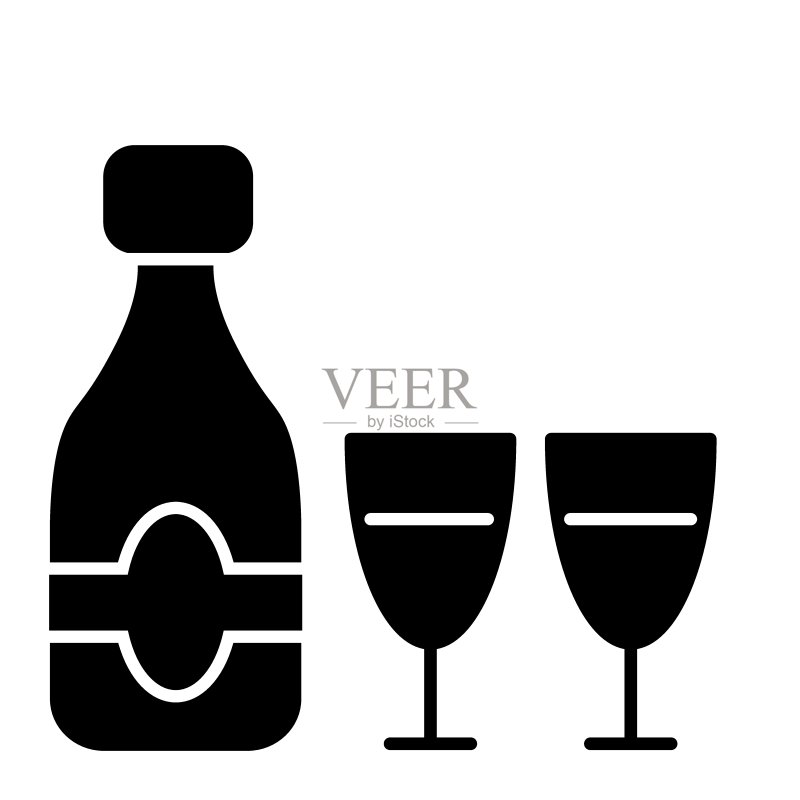 香槟酒瓶和两个酒杯的实体图标图标素材