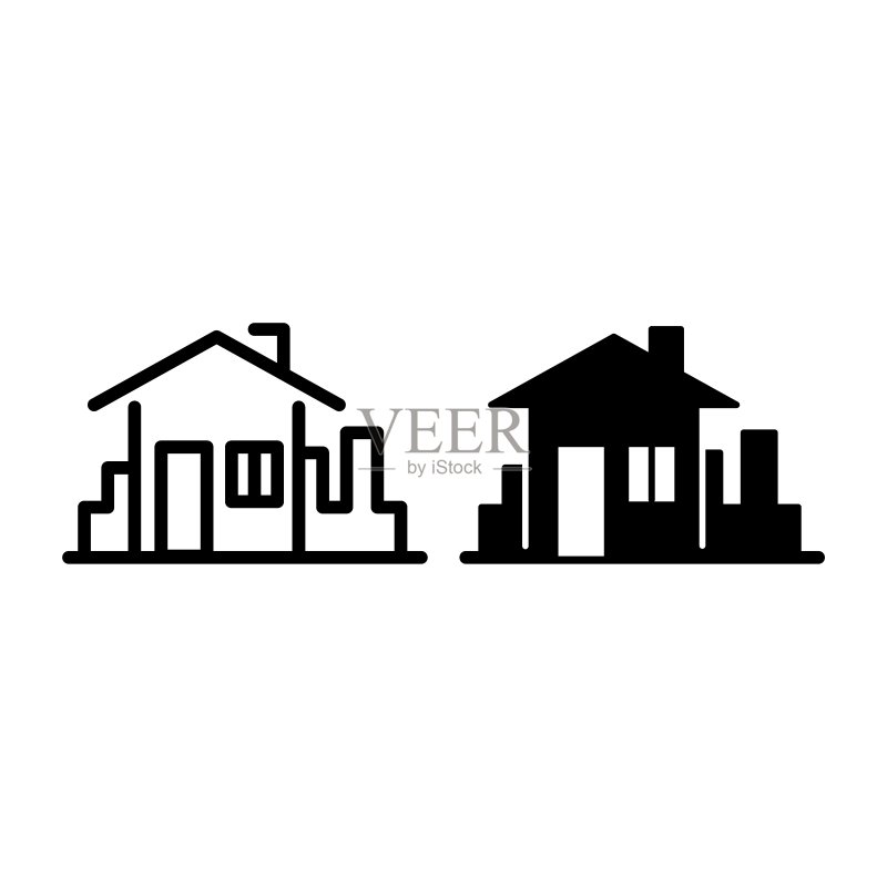 城镇线房屋和符号图标。城市背景房屋矢量插图,白色背景隔离。建筑轮廓样式设计,专为网页和应用程序设计。EPS 10。图标素材