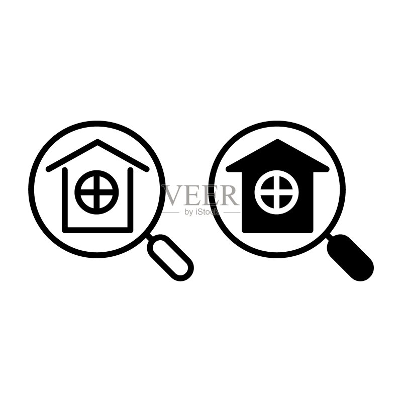 放大镜与房屋线性图标图标素材